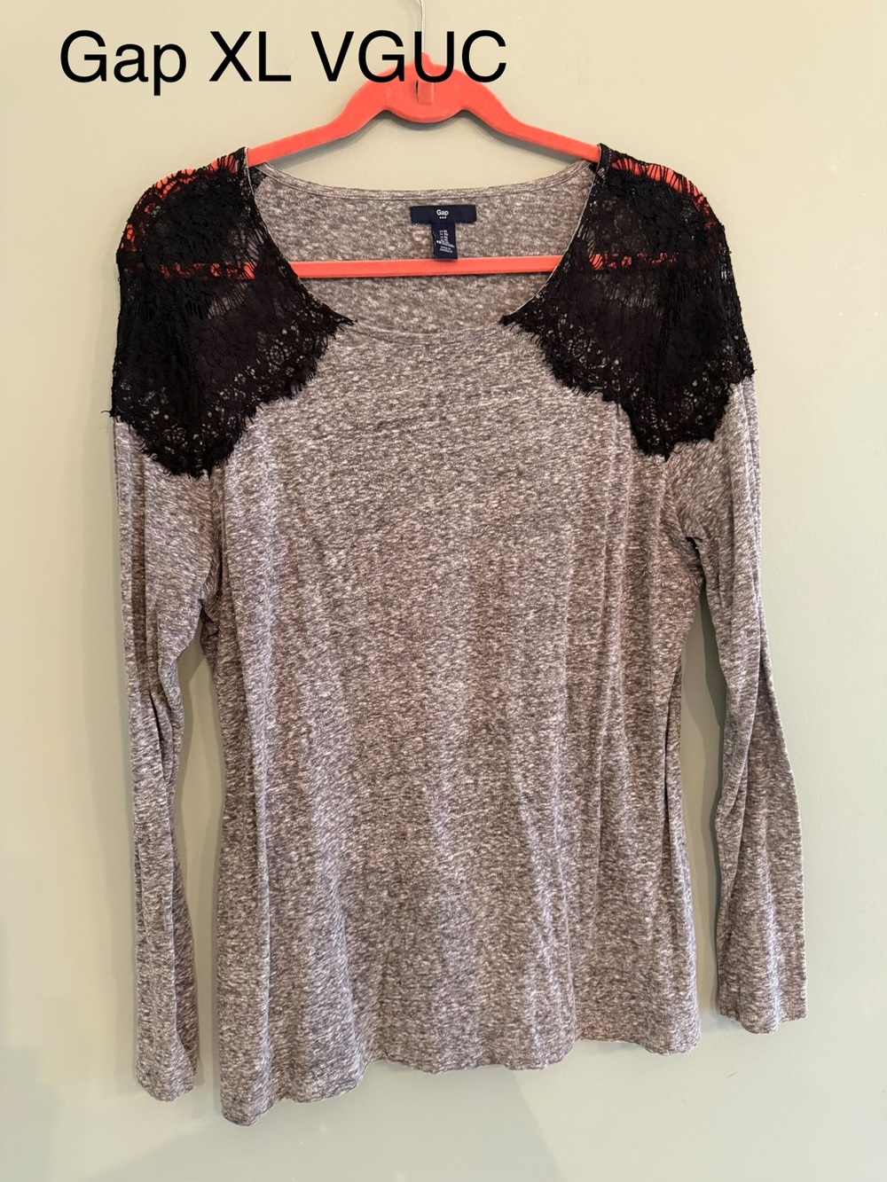 Gap Women's Gray Long Sleeve Top with Black Lace Shoulders - XL